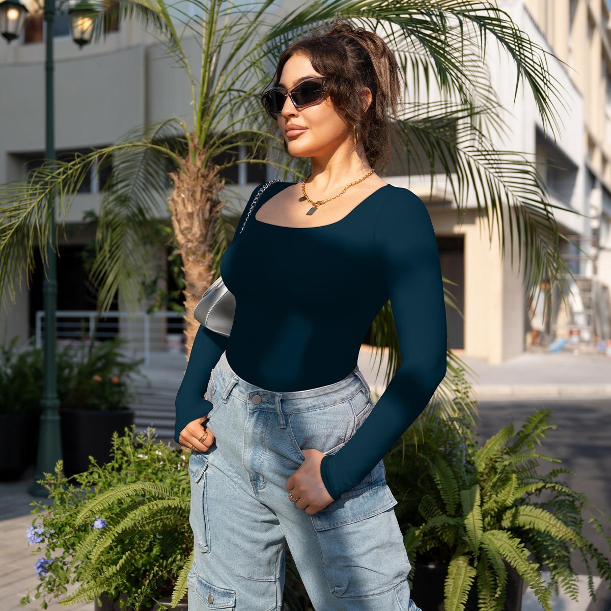 HYZ Women's 2 Piece Basic Long Sleeve Square Neck Workout High Stretchy Slim Fit Tunic Tops tunic tops high stretchy