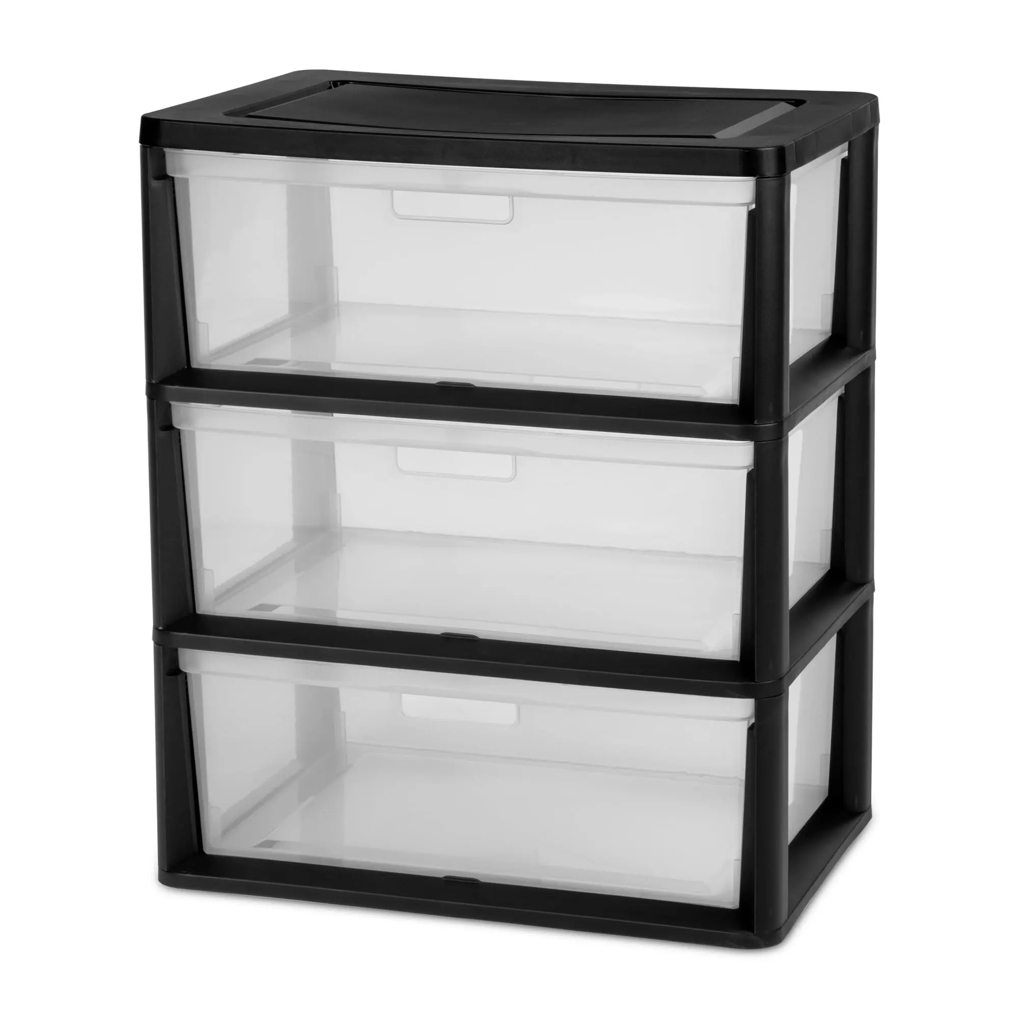 Wide 3 Drawer Storage Tower, Black with Clear Bins - Plastic Rolling Organizer with Removable Drawers - Easy Tool-Free Assembly - Closet & Home Storage