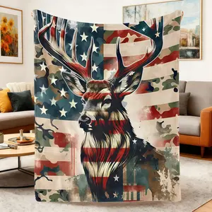 Soft Flannel Deer & American Flag Throw Blanket,Cozy Lightweight Rustic Deer Head & Flag Blanket for Couch Sofa Bed,Warm Camping Travel Blankets,Gift for Dad Son Outdoor Lovers