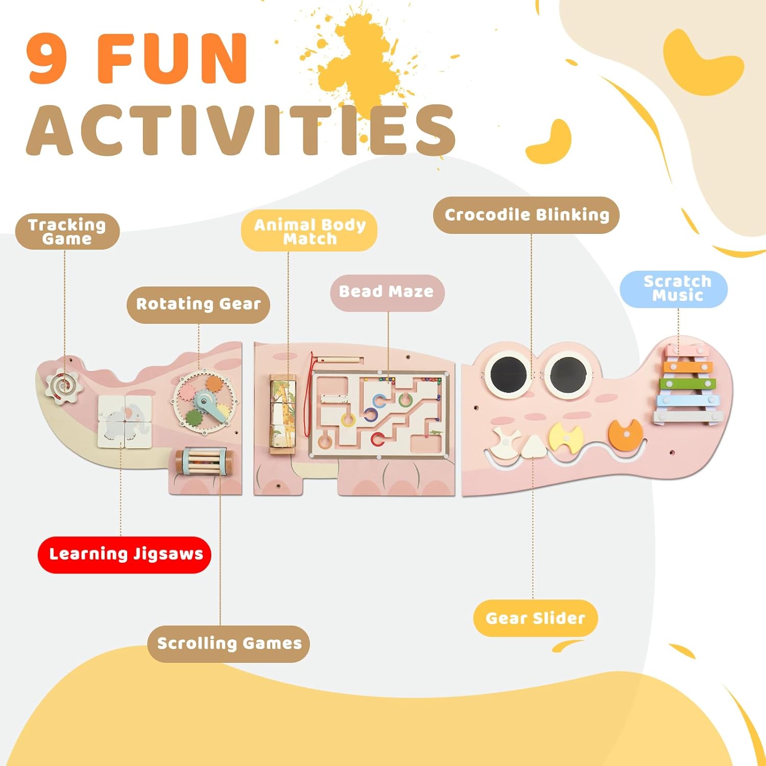 JOYMOR Crocodile Activity Wall Busy Board Panels, Wooden Sensory Wall w/ 11-in-1 Toddler Montessori Learning Activity Center, Ideal Educational Gift for Boys and Girls