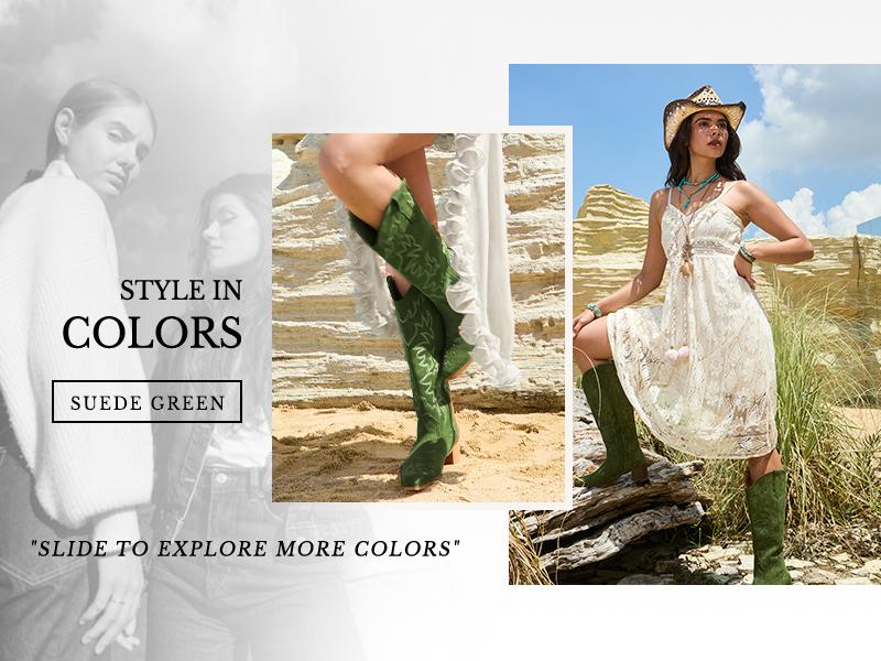 IUV Cowboy Boots For Women Knee High Boots Pointy Toe Women's Western Boots Side Zipper Chunky Heel Cowgirl Boots