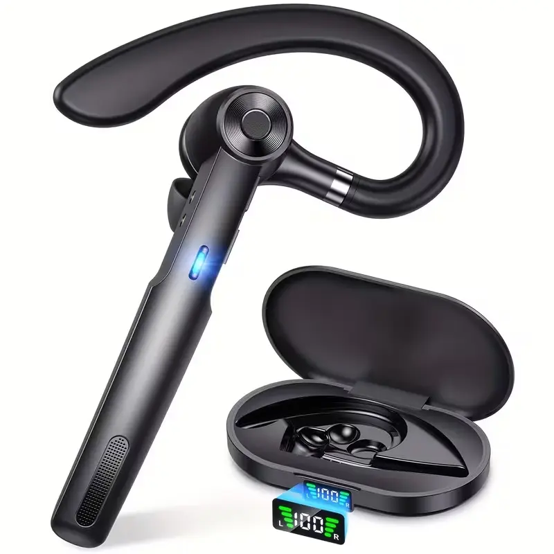 Wireless Earphone, Waterproof Sports Earphone, Single-Ear Bluetooth Earpiece V5.3 with Earhook, 50Hrs Charging Case, 400mAh Battery, Noise Cancelling, Microphone for Business, Trucker, Office, Portable Earphones