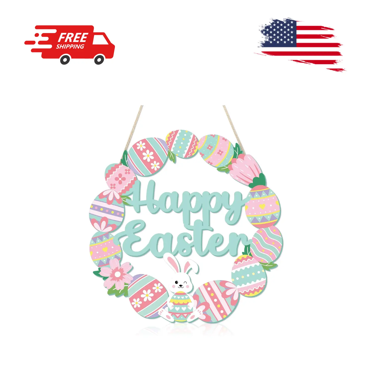 Happy Easter Decorations Sign, Bunny Eggs Wood Wreath for Front Door Porch