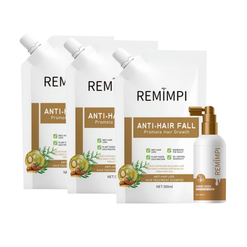 REMIMPI Long-Term Hair Care Set – 3 Anti Hair Loss Shampoos + 1 Growth Tonic | Herbal Strength & Regrowth System for Lasting Results (300ml x 3 + 50ml)