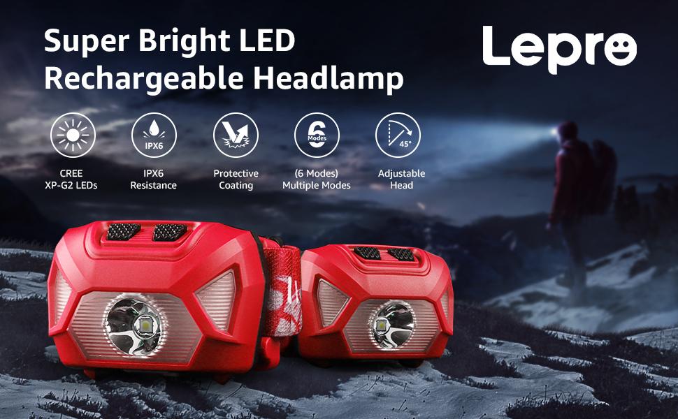 LE Headlamp Rechargeable, LED Head Lamp with 6 Modes for Camping & Hiking Gear Essentials, IPX4 Waterproof High Lumen Bright Headlight Flashlights with Adjustable Headband, USB Cable Include