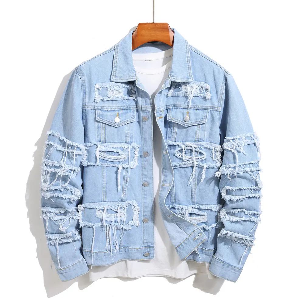 Stylish Street Men Distressed Stacked Splicing Slim Denim Jacket Ripped Male Casual Jean Jacket Coat Menswear Tops Long Sleeve Beige Collar Collared Plain  jackets jackets Pockets Deals For You Days