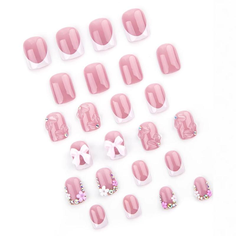 Square Rhinestone Glitter Press-On Nails – 24PCS Pink Short Square French Tip Fake Nails with 3D Flower, Bows & Sparkly Charms, Full Cover Stick-On Nails for Women, Cute Glue-On Nail Set