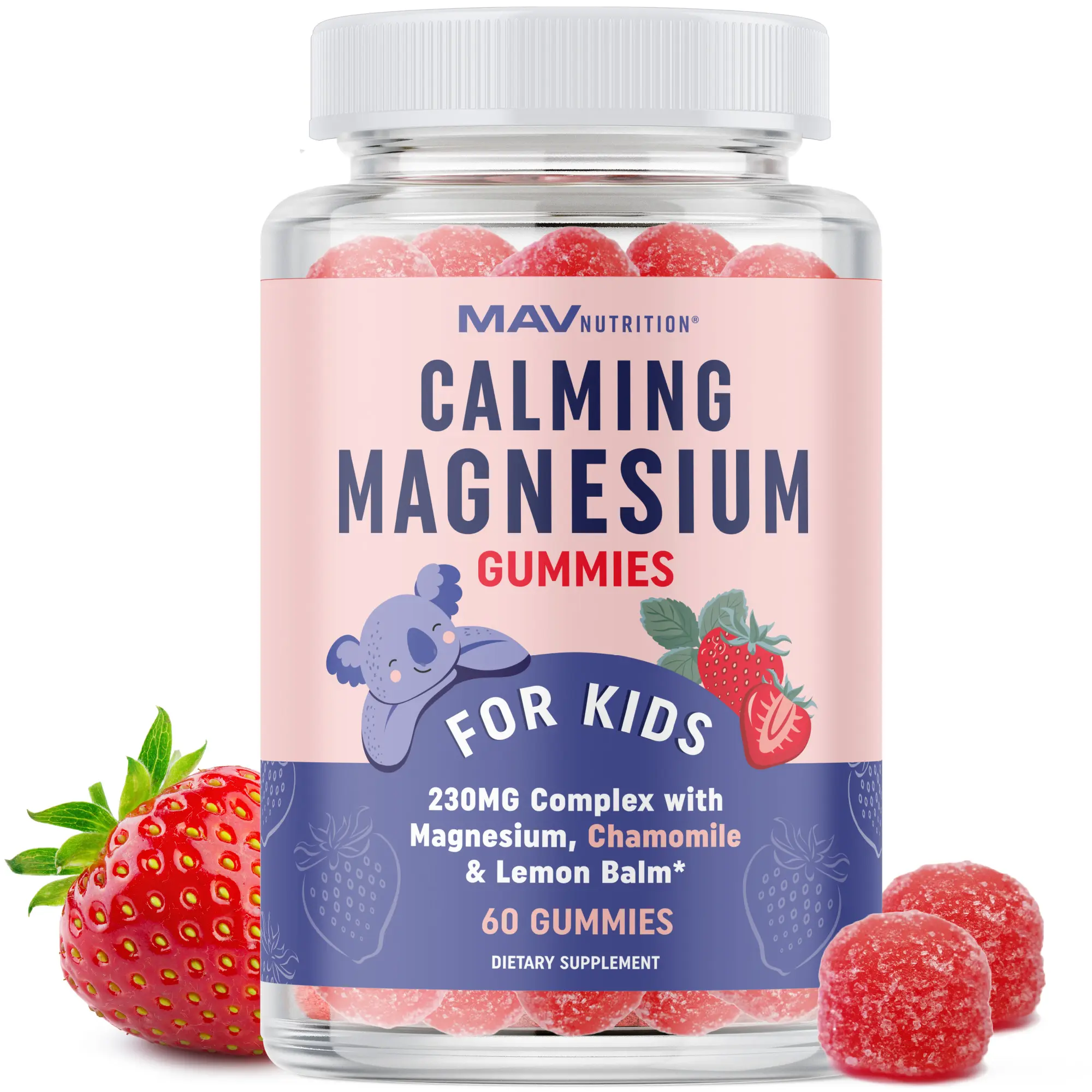 MAV NUTRITION Kids' Calming Magnesium Gummies, 230MG Complex with Chamomile & Lemon Balm, 60 Gluten-Free Non-GMO Wellness Supplements for Relaxation