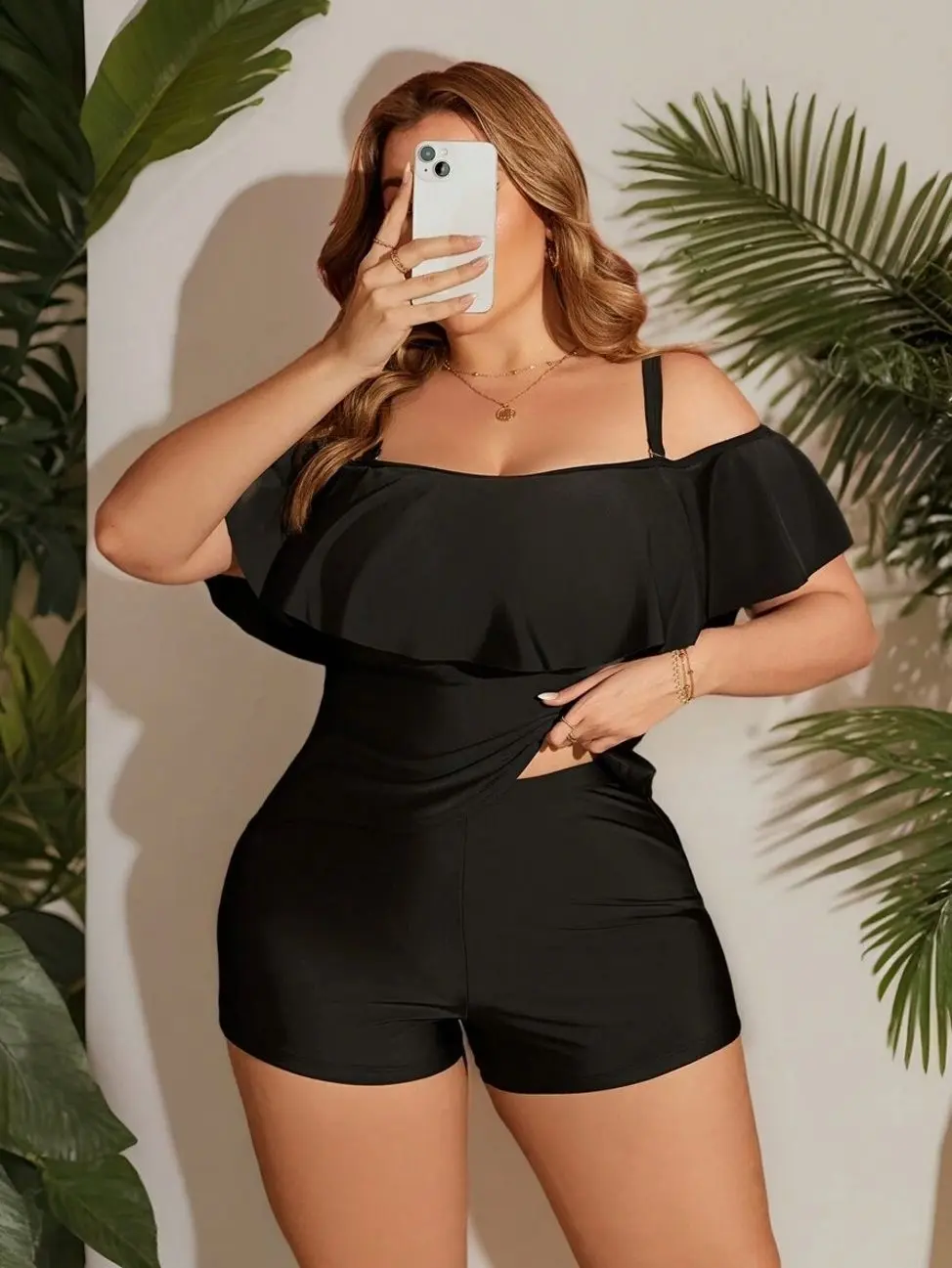 Plus Size Black Ruffled Tankini Top - Halter Neck Beach Swimwear Bikini