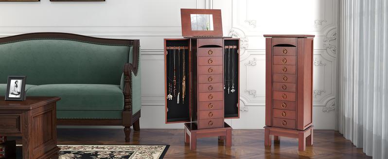 Giantex Large Jewelry Armoire Cabinet with Drawers & Swing Doors Hooks Top Mirror Boxes, Standing Cambered Front Storage Chest Stand, Large Standing Jewelry Armoire, Dark Walnut