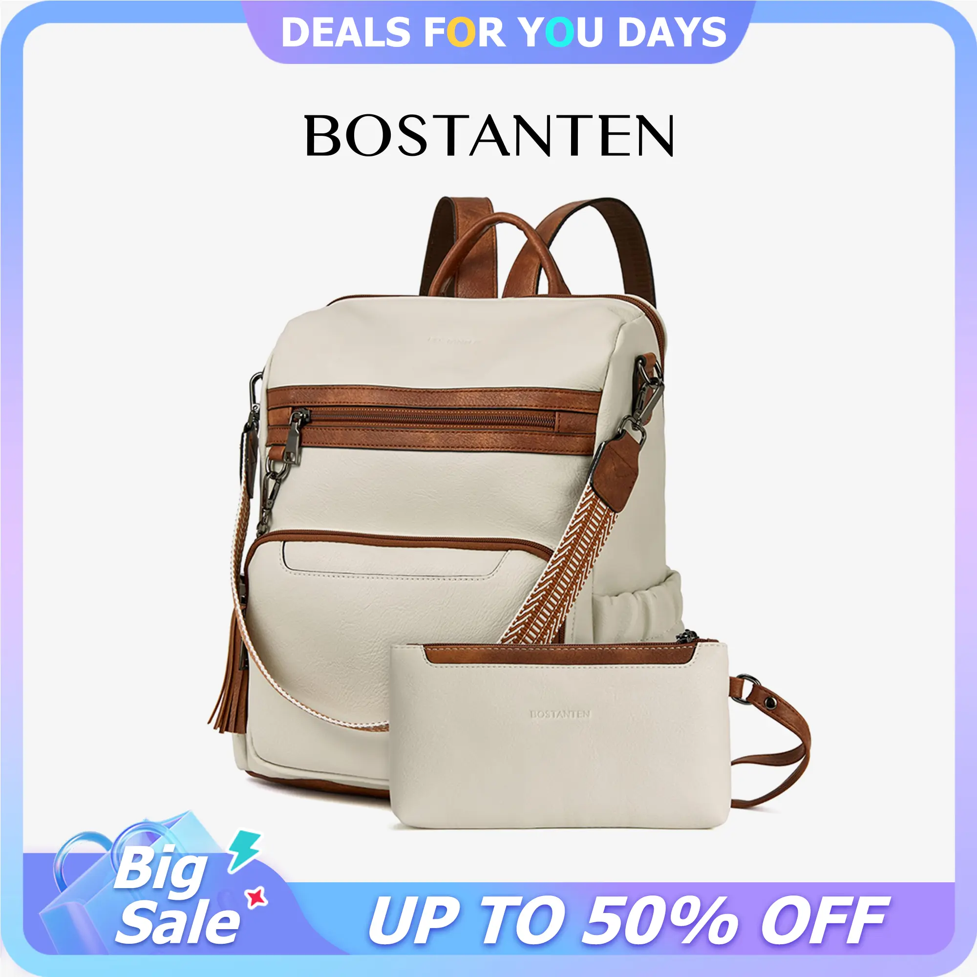 BOSTANTEN Backpack for Women Leather Womens Backpack Purse 2PCS Laptop Backpack Large Ladies Shoulder Bags with Wristlet,backpacks for school,cute backpacks for school,bookbag,school backpack