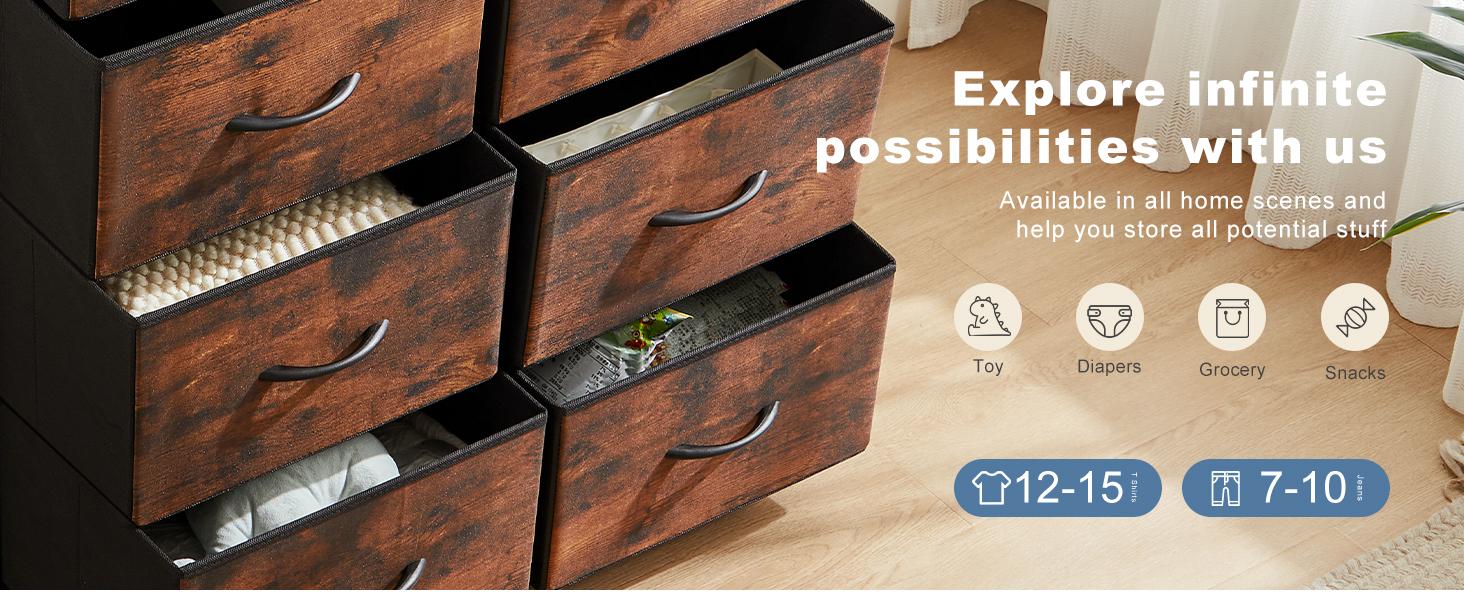 SweetFurniture Dresser,Tall Drawer Organizer Storage Drawers Fabric Storage Tower with 10 Drawers, with Fabric Bin, Wood Top for Bedroom, Closet