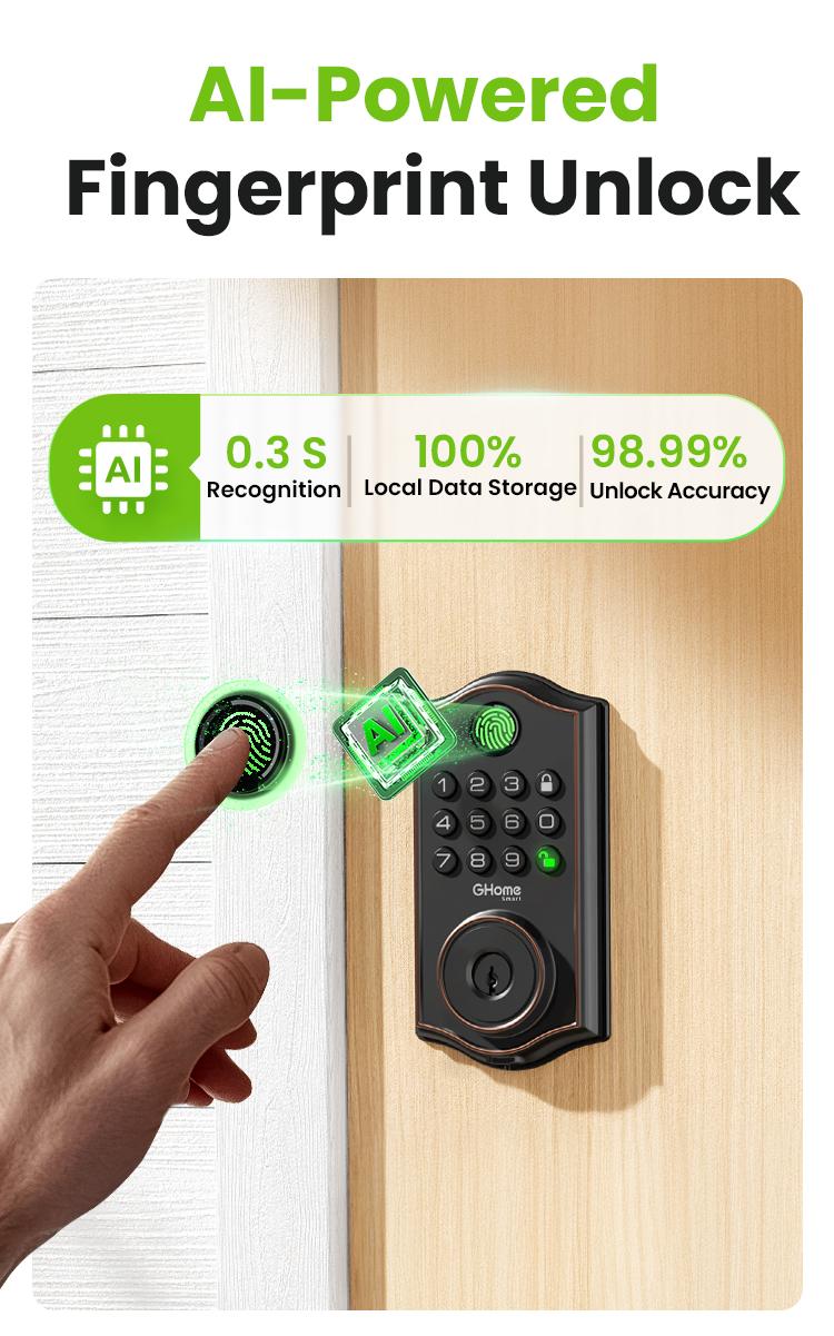 GHome Smart Fingerprint Door Lock, 4-in-1 Keyless Entry Deadbolt, App-Assisted Control, 6-Month Battery Life  KD30