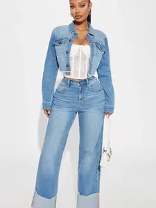 All The While Cuffed Wide Leg Jeans - Light Wash