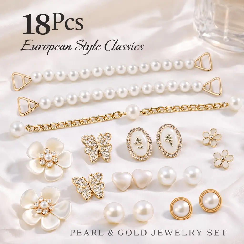 Women's Fashion 18Pcs Lightweight Bold Gold Bling Golden Alloy-Plastic Shoe Charms Set - Floral, Rhinestone Butterfly Sparkle, Pearl Chain Elegant Shoe Decor for Crocs, Clogs - Birthday Party Gift Box Accessory