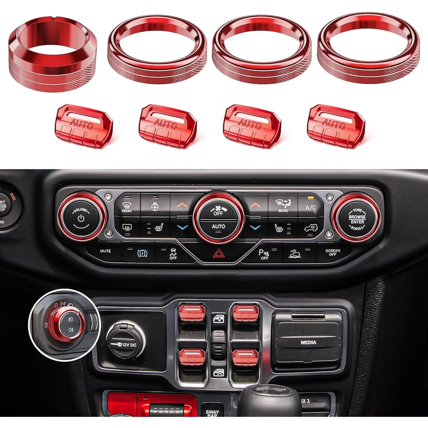 8PCS Metal Button Knob Cover for Jeep Wrangler JL JLU 2018-2025 2026 & Gladiator JT Accessories Window Switch Button Cover Volume Radio Air Conditioner Headlight Switch Knob Cover (Thin Red)