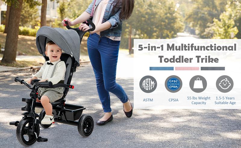 Costzon Tricycle, Toddler Bike W/Removable Push Handle, Reversible Seat, EVA Wheel, Adjustable Canopy, Cup Holder & Storage,Christmas Festival Gift Black Friday Cyber Monday