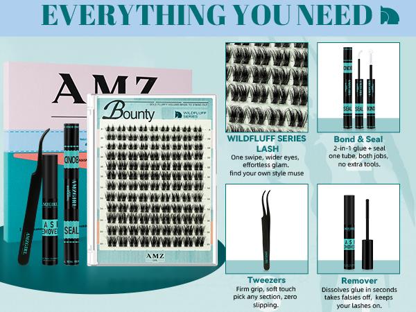 AMZGIRL Lash Clusters Kit WildFluff Enhanced D Curl Eyelash Extension Kit WildFlow Lashes Cluster Invisible Band Lash with White Lash Bond and Seal,  Lash Remover and Lash Applicators
