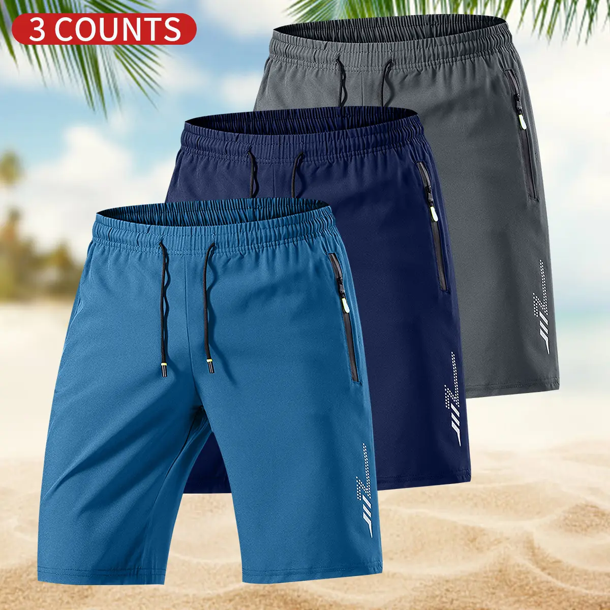 Men’s breathable lightweight 3-pack shorts; men’s casual minimalist comfortable athletic shorts with pockets and drawstring; summer outdoor fitness apparel; quick-dry, comfortable shorts