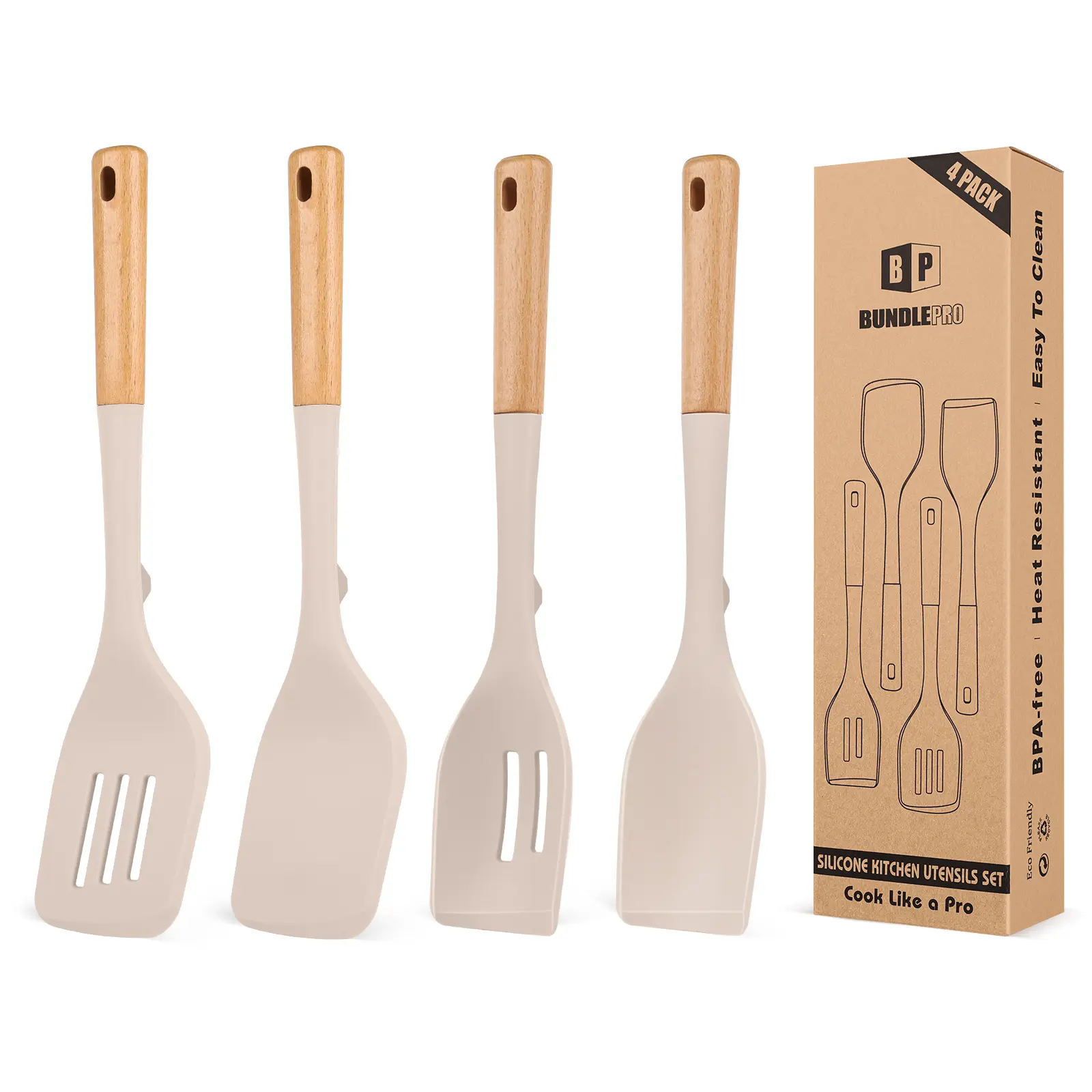 Pack of 4 Silicone Kitchen Utensils Set, Non Stick Solid Spatulas and Heat Resistant Slotted Spoons with Wooden Handle, Ideal BPA Free Cooking Utensils for Mixing,Serving,Turning,Stirring