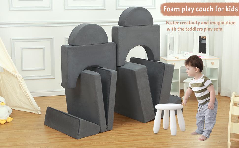 【GARVEE】Creative Modular Toddler Sofa Set: 8-Piece Grey Couch for Bedroom and Playroom with Over 8 Configurations for Versatile Seating and Play