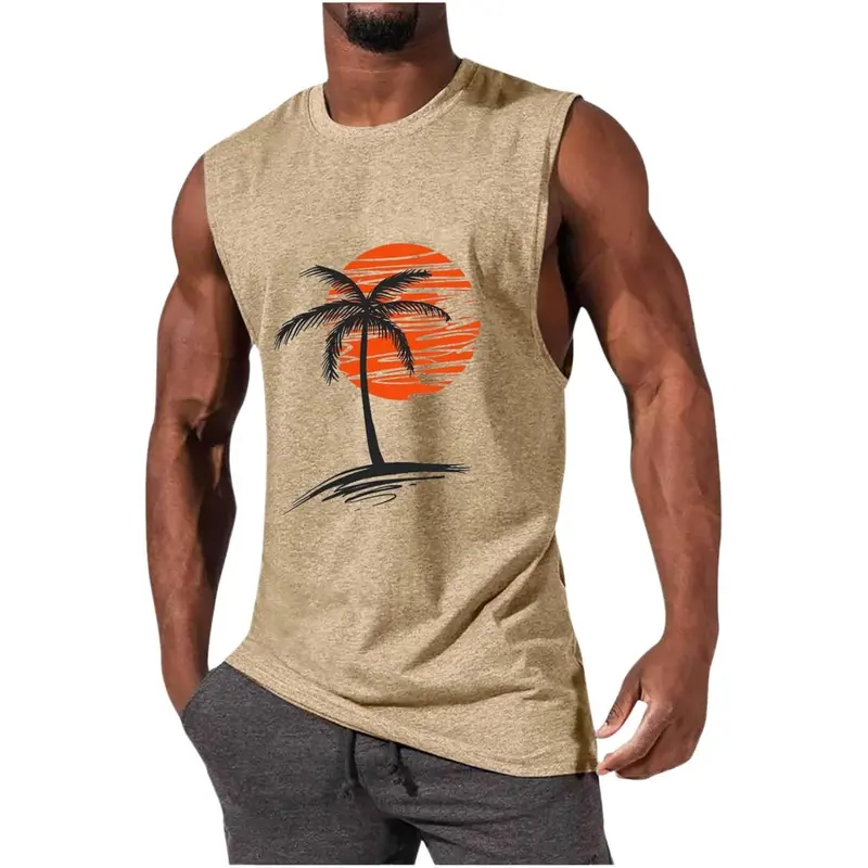 Mens Summer Beach Tank Top Hawaiian Palm Tree Print Sleeveless Muscle Basic Tee Vacation Tops