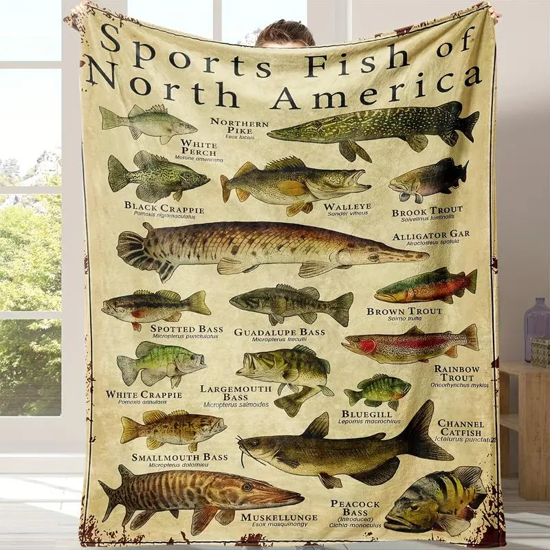 Soft Polyester Fiber North American Sports Fish Pattern Flannel Throw Blanket - Wrinkle Resistant, 12 Bright Fish Illustrations, Campfire/BBQ Party Use, Machine Washable, Fishing Enthusiasts Gift, Sofa Bedroom Accent
