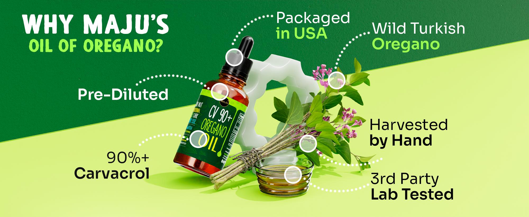 MAJU CV90 Oil of Oregano (2oz) - Edible Wellness Supplement, High Carvacrol, Blended with Olive Oil, Vitamins and Minerals for Digestion, Immune and Seasonal Suppport Dietary