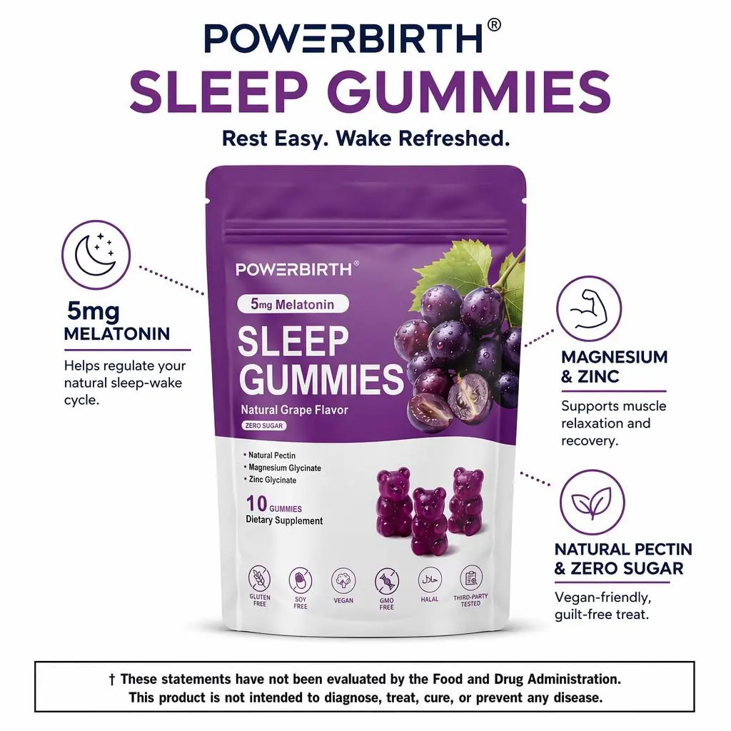 POWERBIRTH 5mg Melatonin Sleep Aid Supplement Soft Chews Gummies - 0 Sugar, Magnesium-Zinc Infused, Natural Grape Flavor, No Artificial Flavors, Travel Size