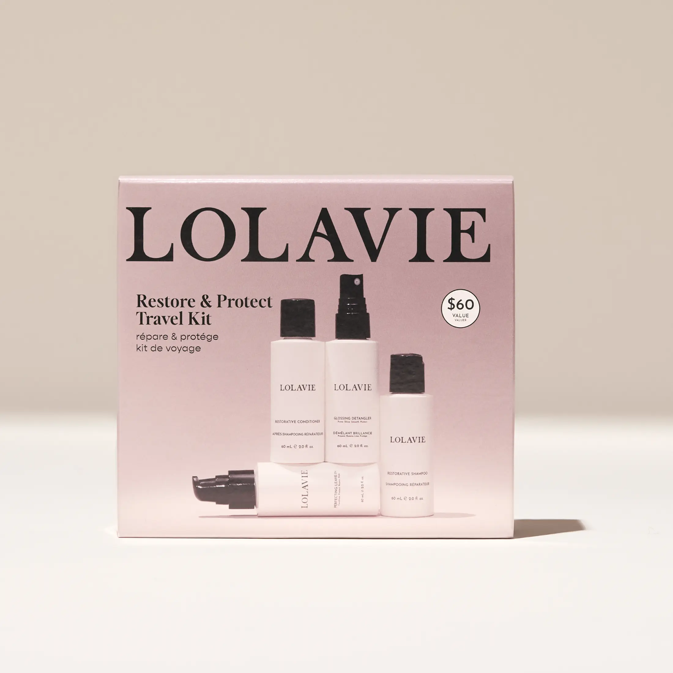 LOLAVIE Restore & Protect Travel Kit by Jennifer Anniston with Restorative Shampoo & Conditioner, Glossing Detangler, and Perfecting Leave-In for Hydrating & Repairing Haircare