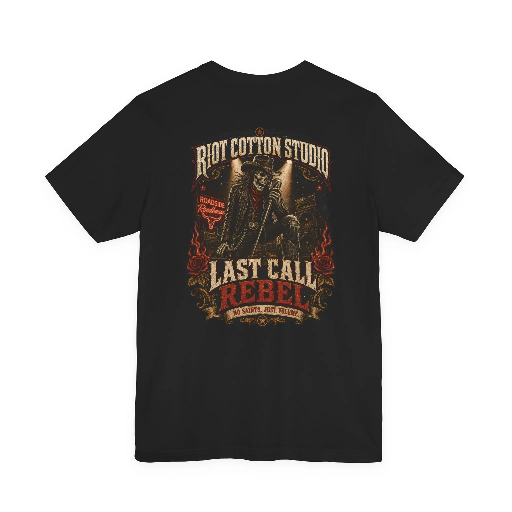 Men's Last Call Rebel Outlaw Rock Distressed Short-Sleeve Graphic Tee - RCS Front Chest & Back Print, Casual Menswear Layer Top
