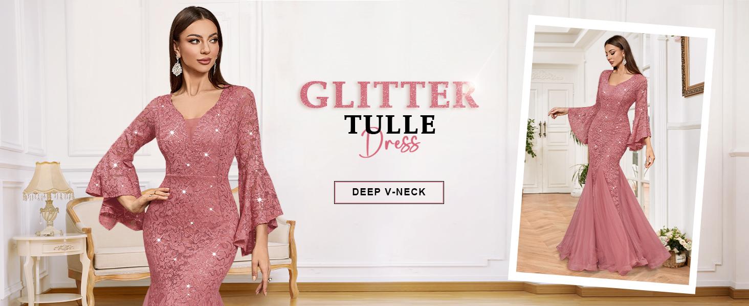 Miusol 24351A Women's Deep V Neck Sequin Floral Lace Mesh Tulle Hem Formal Evening Maxi Dress Navy Blue Elegant Design for Cocktail Parties & Evening Proms Winter wedding guest dress SpringStatements