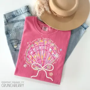 Comfort Colors Pink Seashell Bow T-Shirt, Summer Girly Clam TShirt, Summer Vibes, Gift for Her