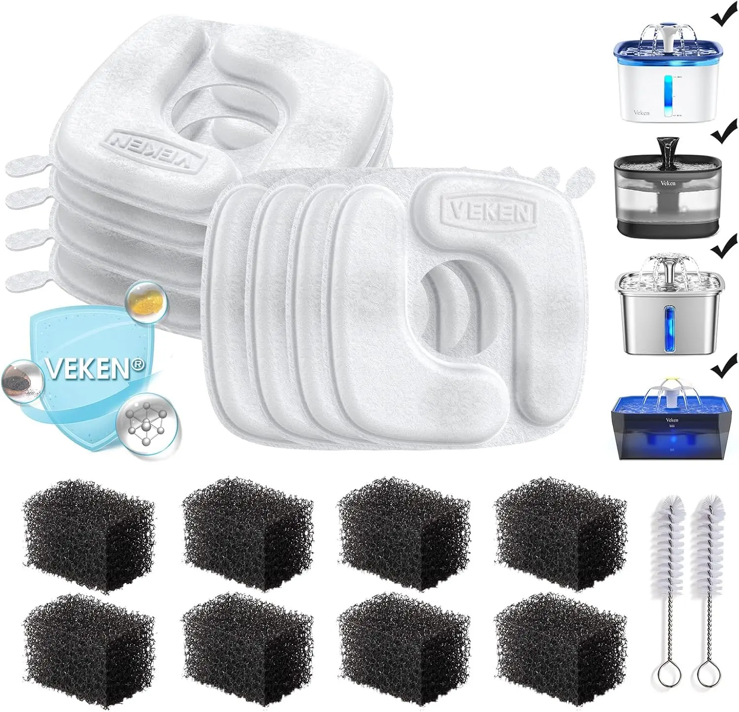 【Veken 】Cat Water Fountain Filters, 8 Pack Replacement Filters & 8 Pack Replacement Pre-Filter Sponges Set for 50oz, 84oz, 95oz or 108oz Automatic Pet Fountain Dog Water Dispenser