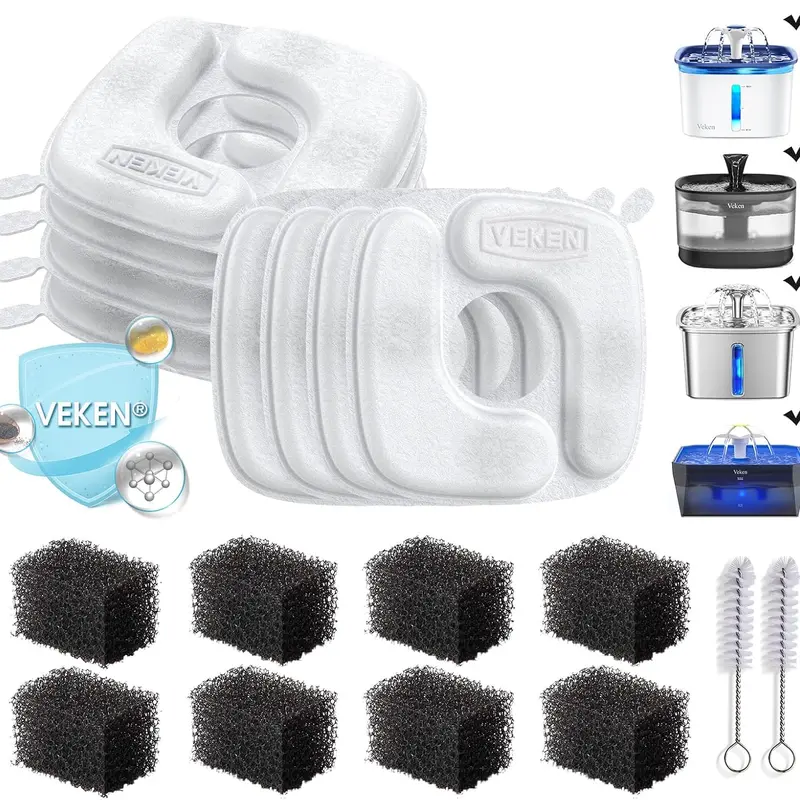 【Veken 】Cat Water Fountain Filters, 8 Pack Replacement Filters & 8 Pack Replacement Pre-Filter Sponges Set for 50oz, 84oz, 95oz or 108oz Automatic Pet Fountain Dog Water Dispenser