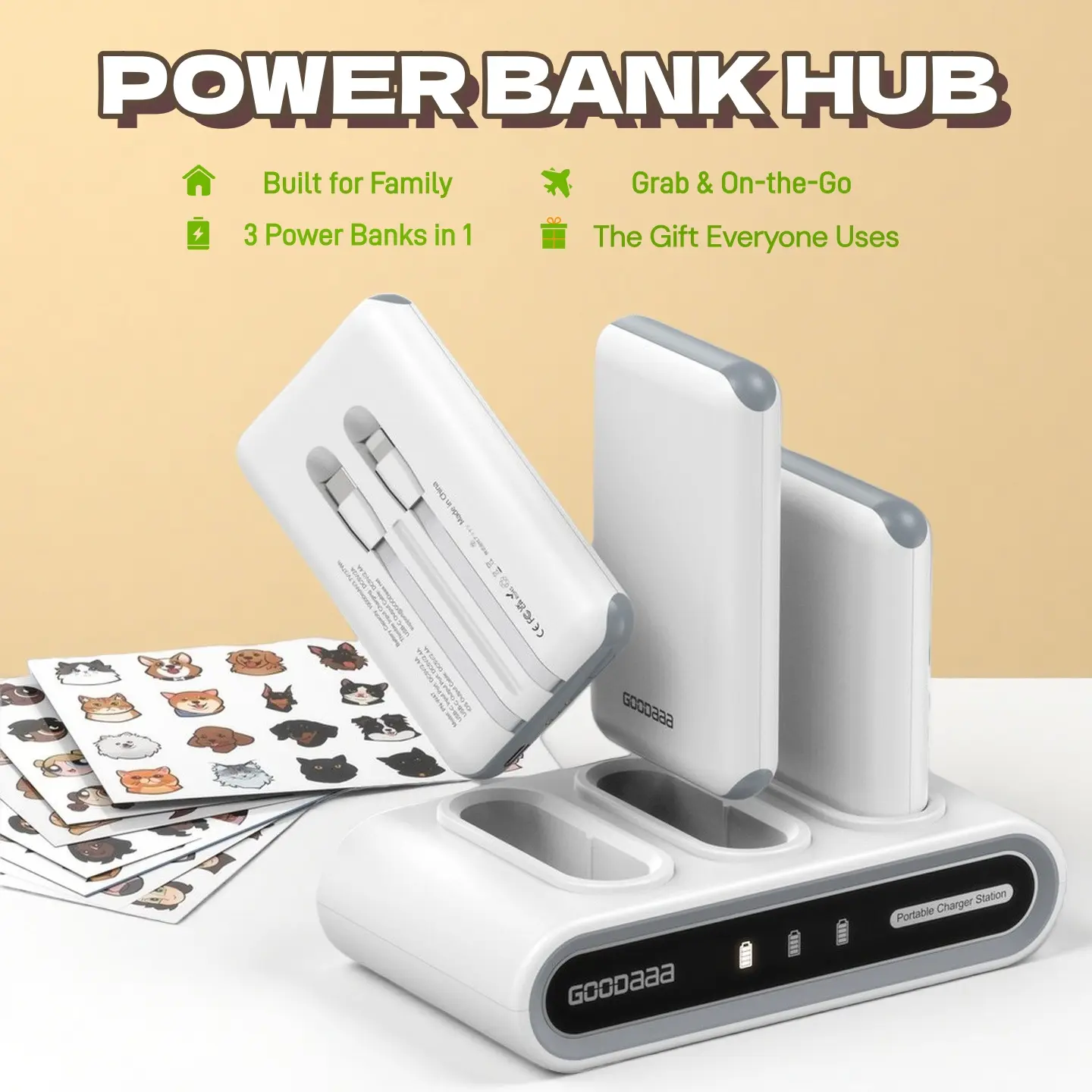 GOODaaa 3-Pack 10000mAh Mobile Power Banks with Charging Dock Station, Built-in Cables, Family Power Hub for Home, Travel, Adulting Gifts, Cool Tech Gadgets, Man Cave Gadgets for Phones & Electronics, Portable Charger,back to school,back to school haul