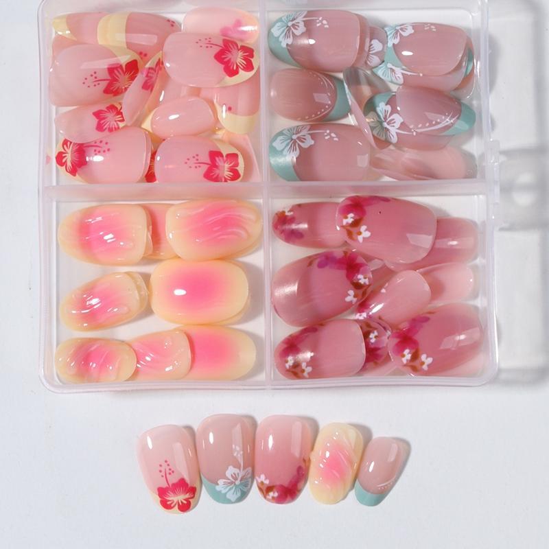 96pcs Short Oval False Nails, Multicolor Floral French Style, Y2K Acrylic Press-On Nails, Reusable for Women and Girls, DIY Nail Kit