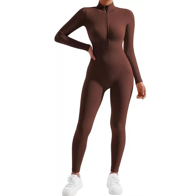 Women Long Sleeve Ribbed Jumpsuit Zip up Front Workout Bodycon Romper SpringStatements