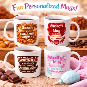 Personalized Coffee Mugs - Perfect Gift for Coffee & Sweet Lovers! Chocolate, Cotton Candy, Red Licorice, and Caramel