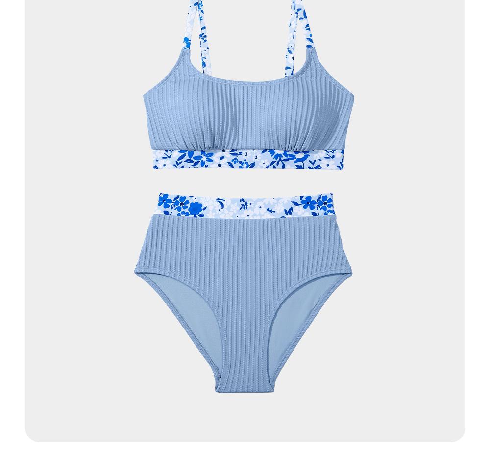 Aleumdr Women's Ribbed Textured High Waisted Bikini Set Floral Trim Two Piece Swimsuit with Adjustable Straps Stretchy Jacquard Fabric Tummy Control Swimwear for Beach Pool and Vacation SpringStatements