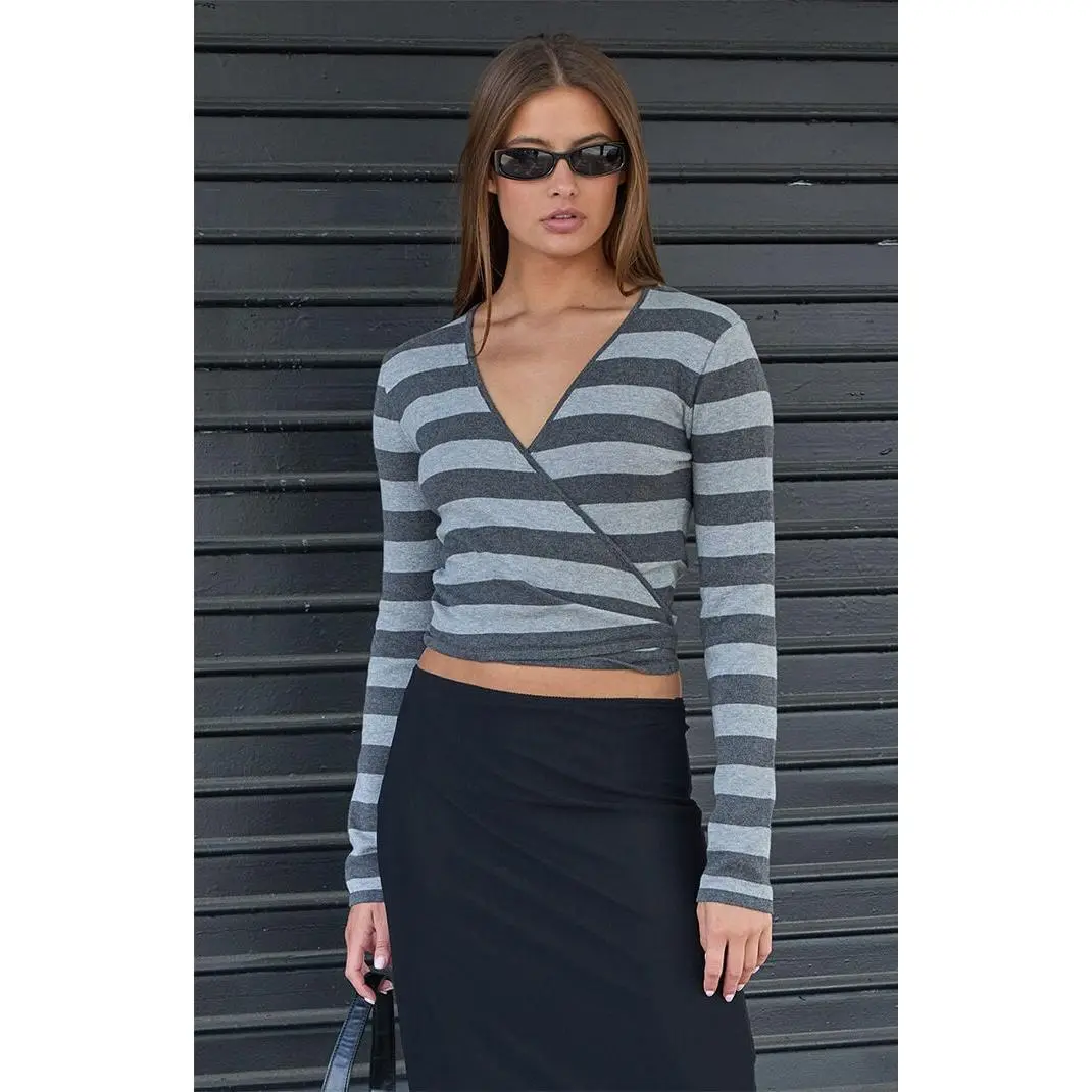 John Galt Women's Gray Coco Striped Wrap Sweater Top