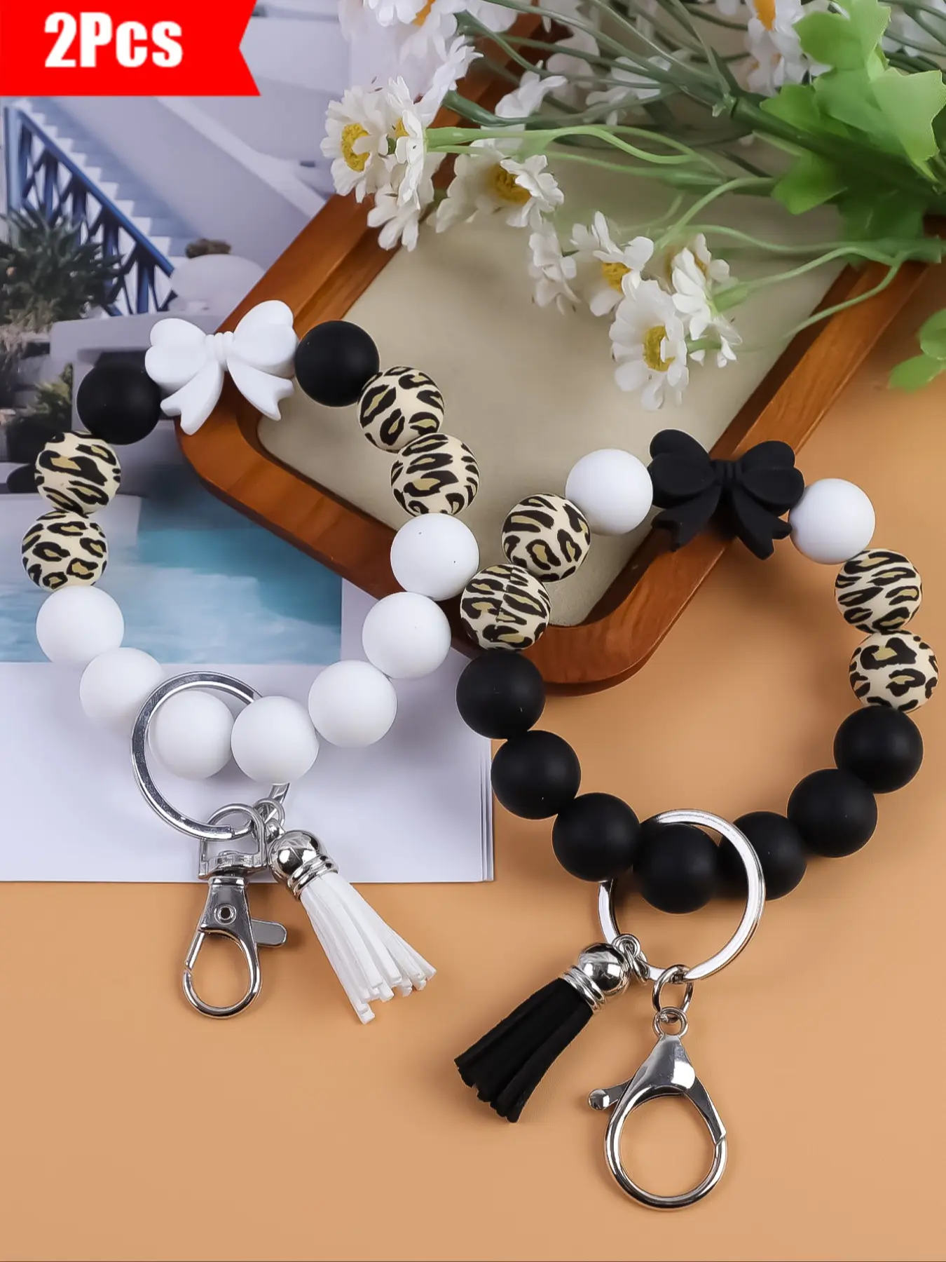 2 Piece Set Style Beaded Wrist, Simple Design Handmade Bracelet Keychain Jewelry, Fashion Accessory Key Accessories for Women & Men, Stylish Keychain