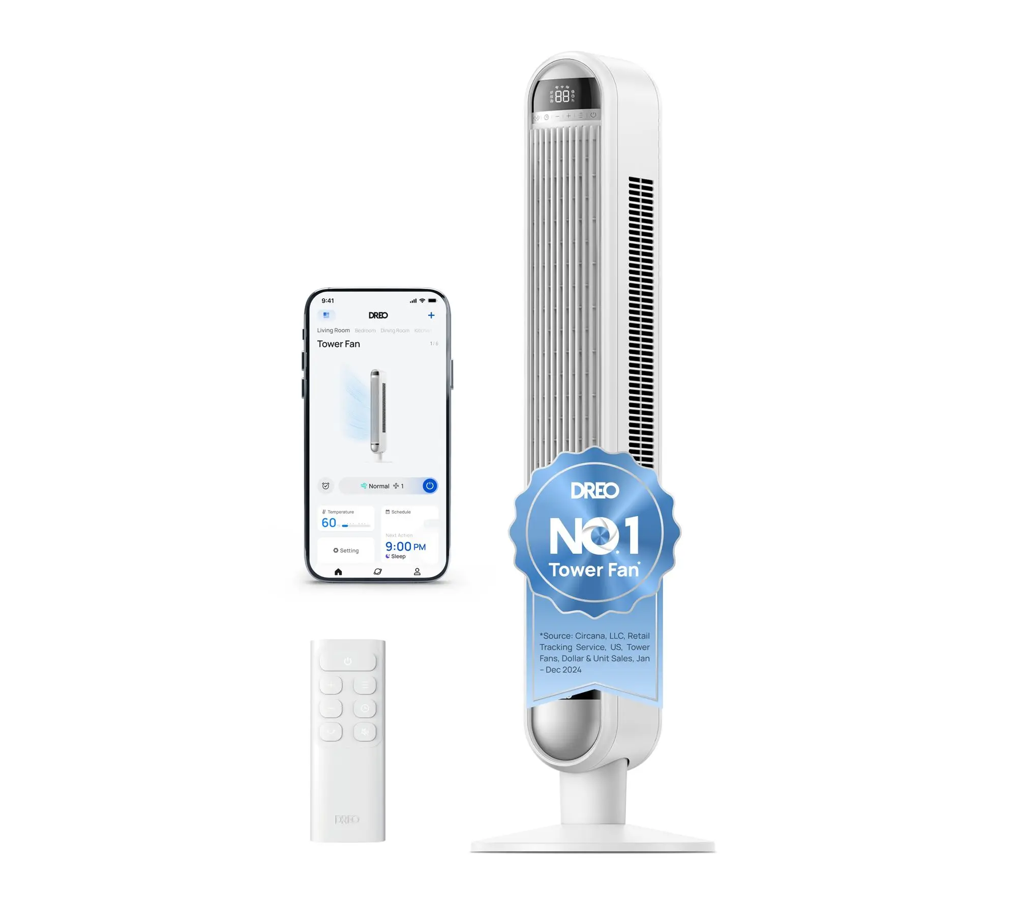 DREO 42" Smart Tower Fan with Remote 6-Speed 90 Osc