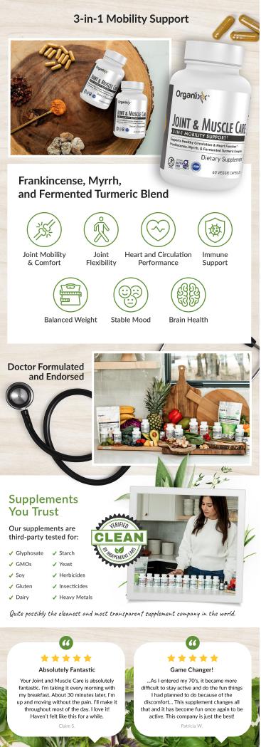 Organixx Joint & Muscle Care Organic Turmeric Supplement, 3-in-1 Frankincense, Turmeric and Myrrh Joint Health & Joint Support Supplement Body Care Capsules, Supports Swelling, Tension, 60 Capsules