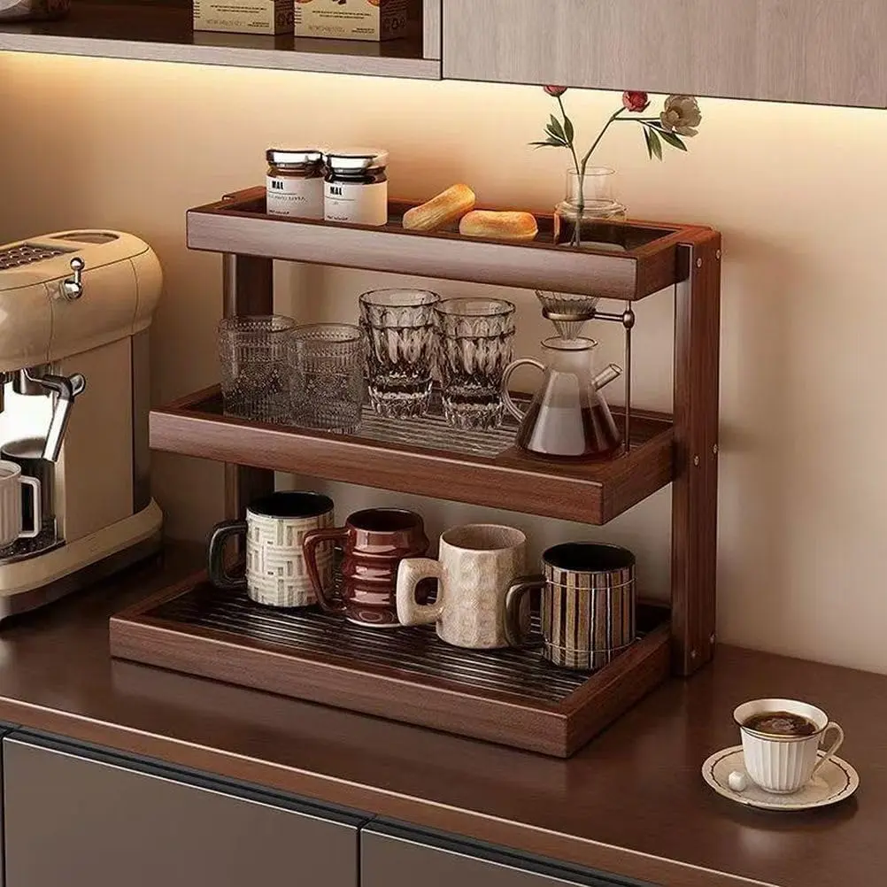 Wooden Mug Holder Rack for Home Countertop, Kitchen Spice Organizer, Beverage Organizer, Multi-Functional Coffee Station Shelf, Cup Display Stand, Desktop Condiment Storage, Coffee Bar Organizer, Coffee Bar Organization