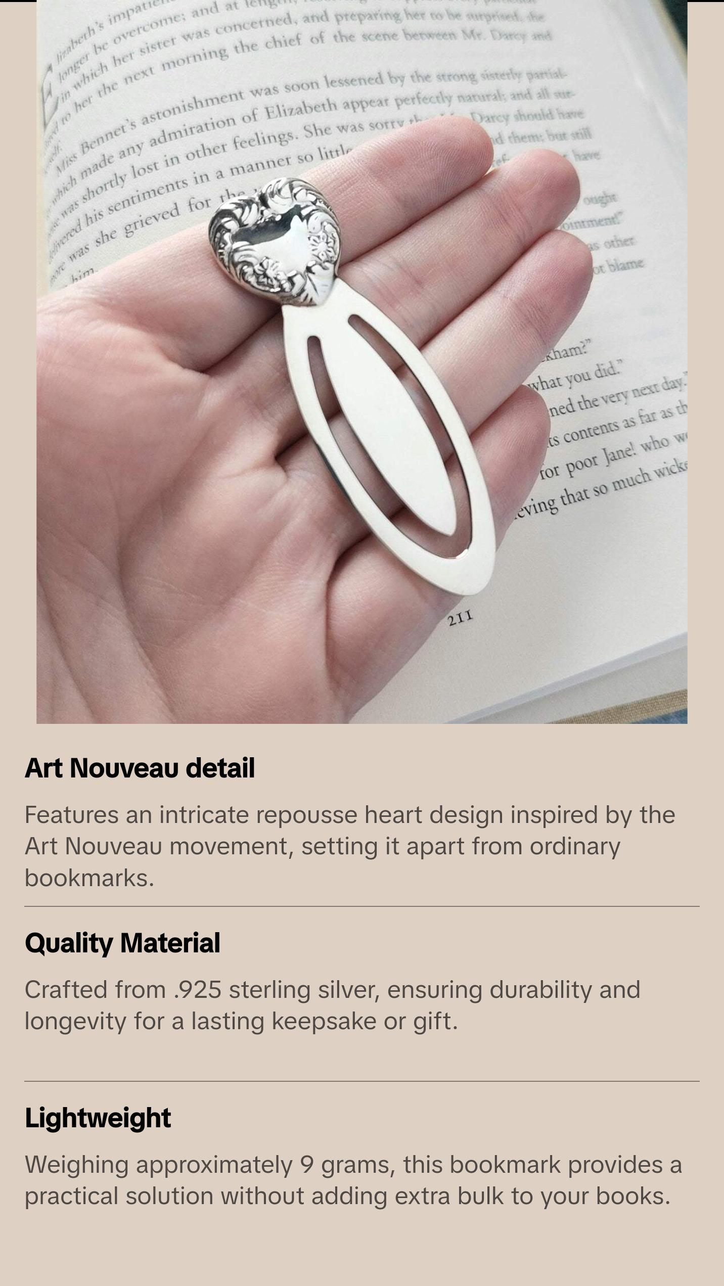 Sterling Silver Ornate Heart Bookmark | Art Nouveau Style Book Lovers Gift