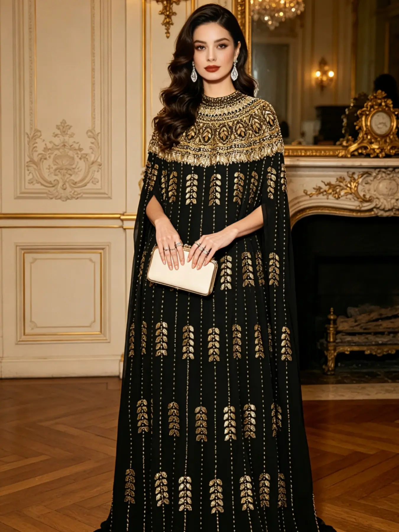 Women's Elegant Long Chiffon Loose Batwing Sleeve Abaya Dress, Elegant Islamic Clothing, Embroidered Golden Bead Details, High Neck Kaftan for Evening Events, Wedding and Luxury Party