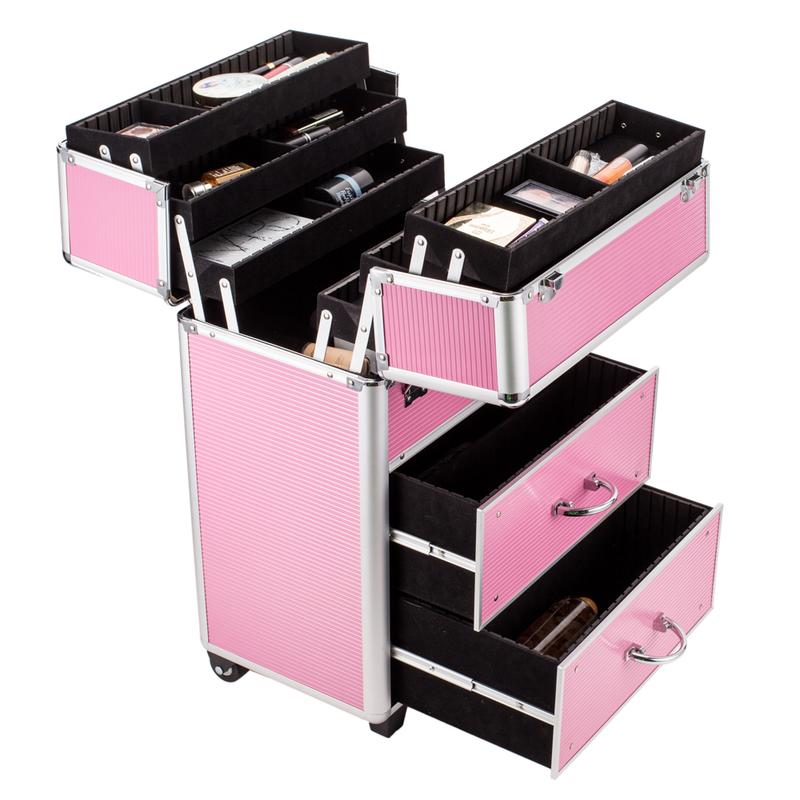 4 Tier Lockable Cosmetic Makeup Train Case with Extendable Trays Pink Aluminum Frame Travel Companion Secure Storage Stackable 6 Drawers Adjustable Handle