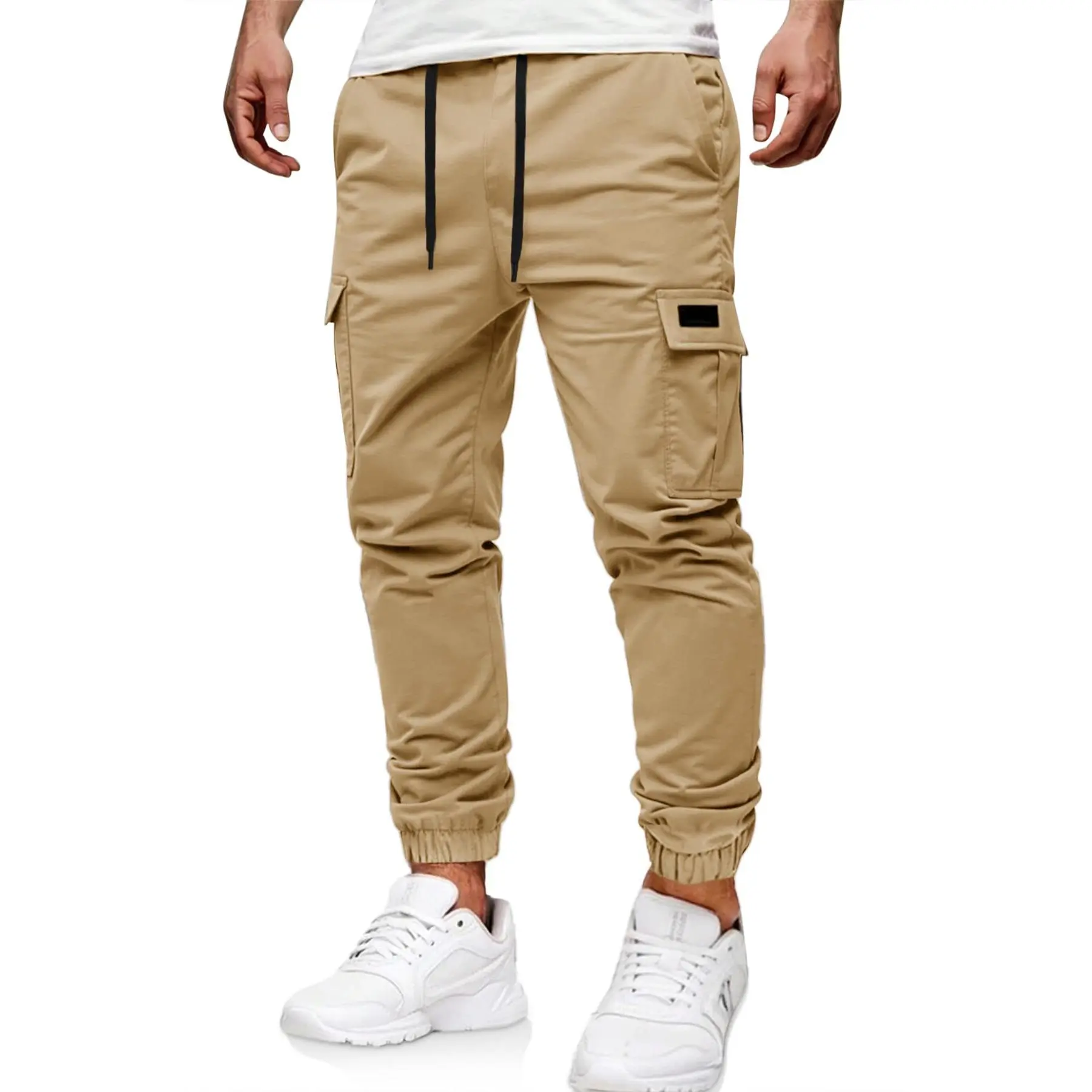 Runcati Mens Cargo Pants Casual Drawstring Elastic Waist Chino Pants Stretch Outdoor Track Joggers Sweatpants Beige Tapered