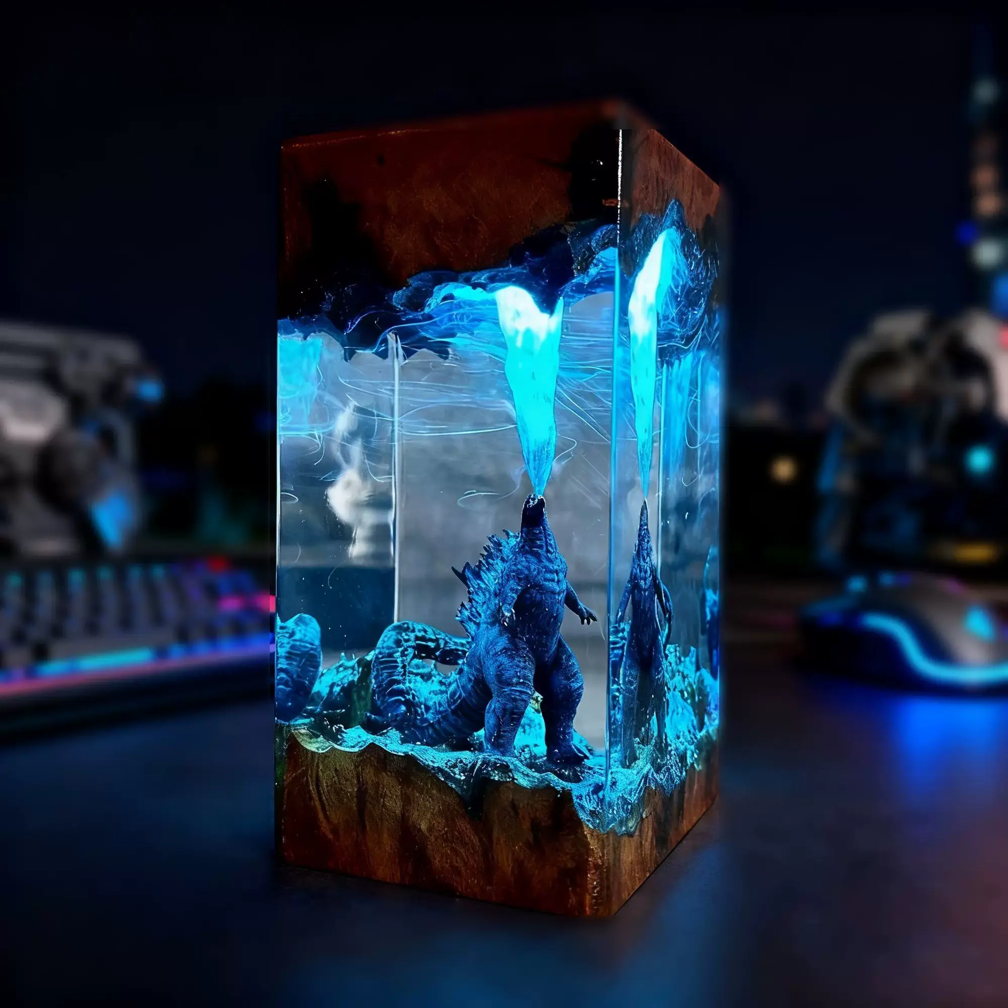 Handmade Godzilla LED Resin Night Light - King of Monsters Atomic Breath 3D Monster Diorama Lamp, USB Port Illuminated Atmosphere Home Decor Light, Gaming Setup Accessory, Birthday Gift Ideas for Movie Fans (Christmas)